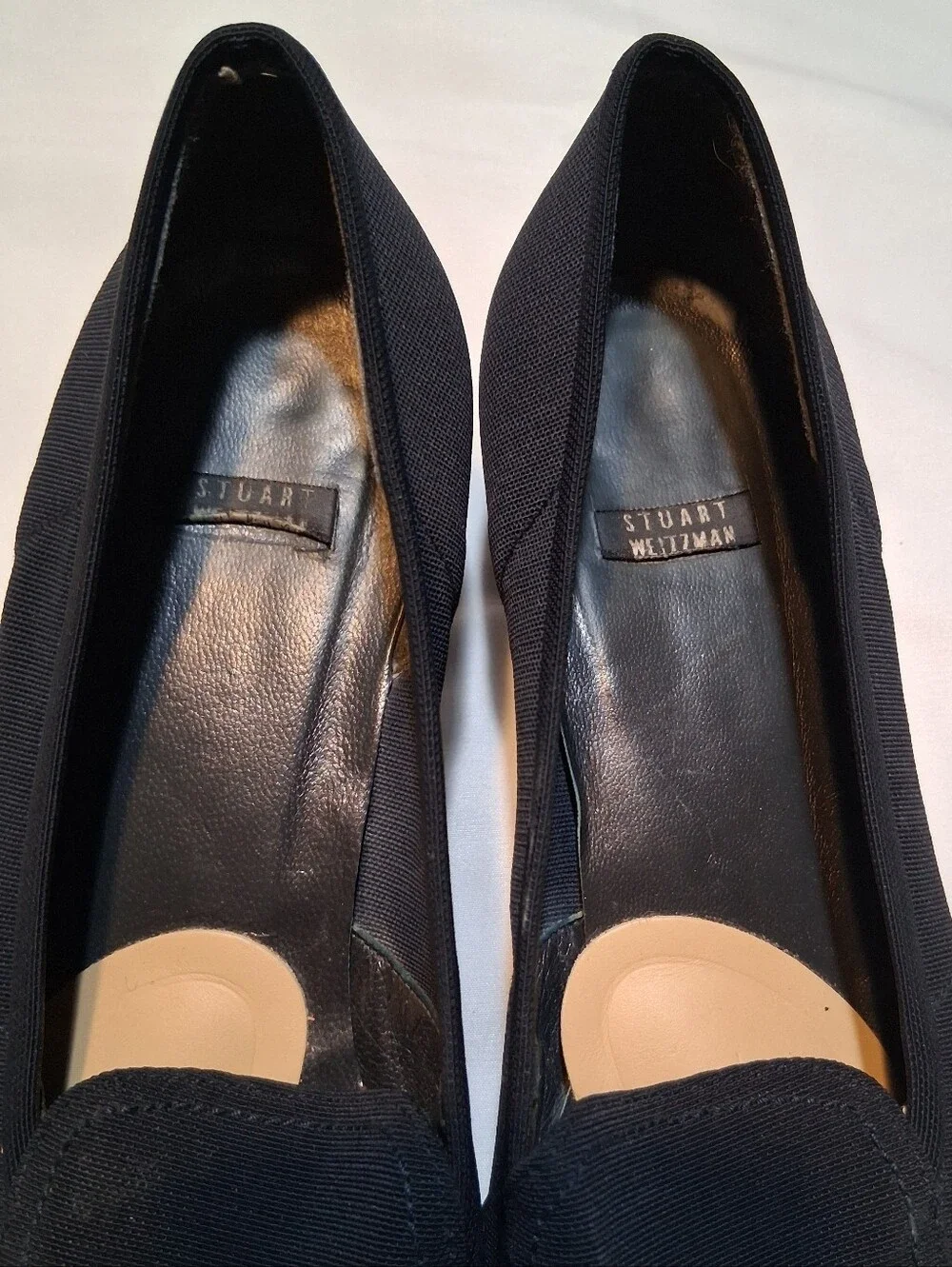 Stuart Weitzman , Black Fabric Kitten Heel Loafers Designer Comfort